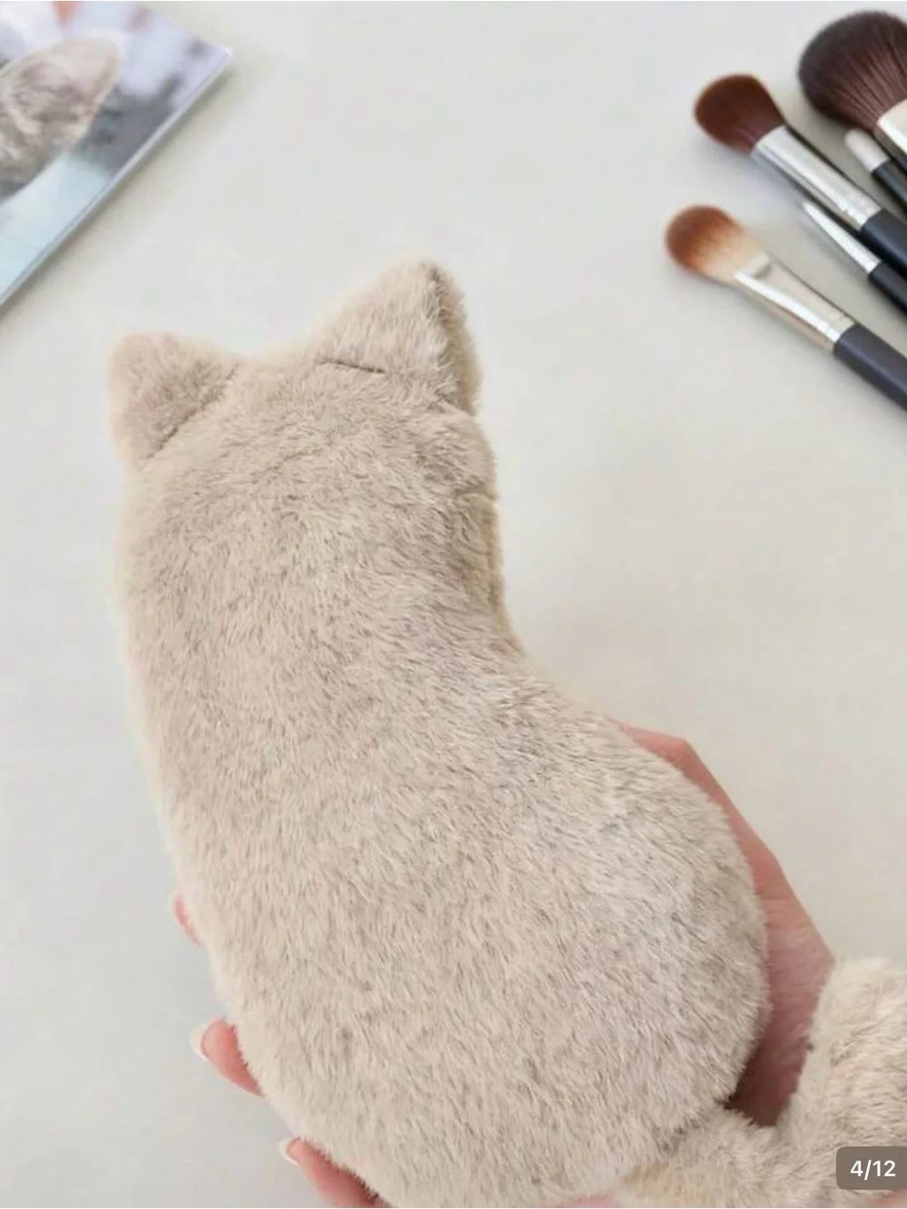Cat Cosmetic Bag brushes fur kitten shaped makeup pouch travel luggage black Tan
